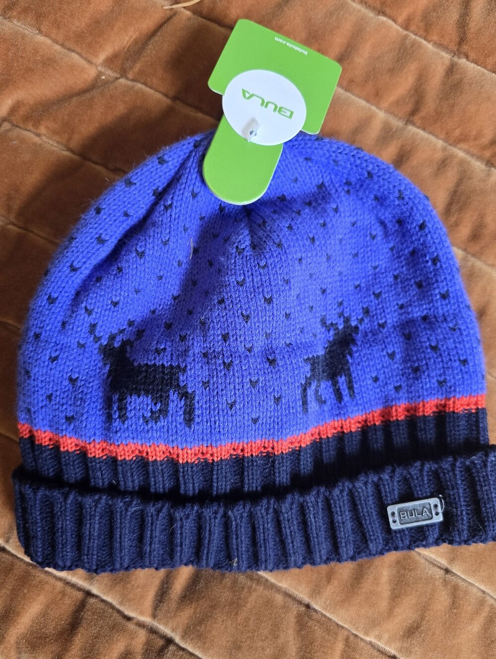 NWT Bula Kids Blue Knit Moose Beanie with Red Stripe